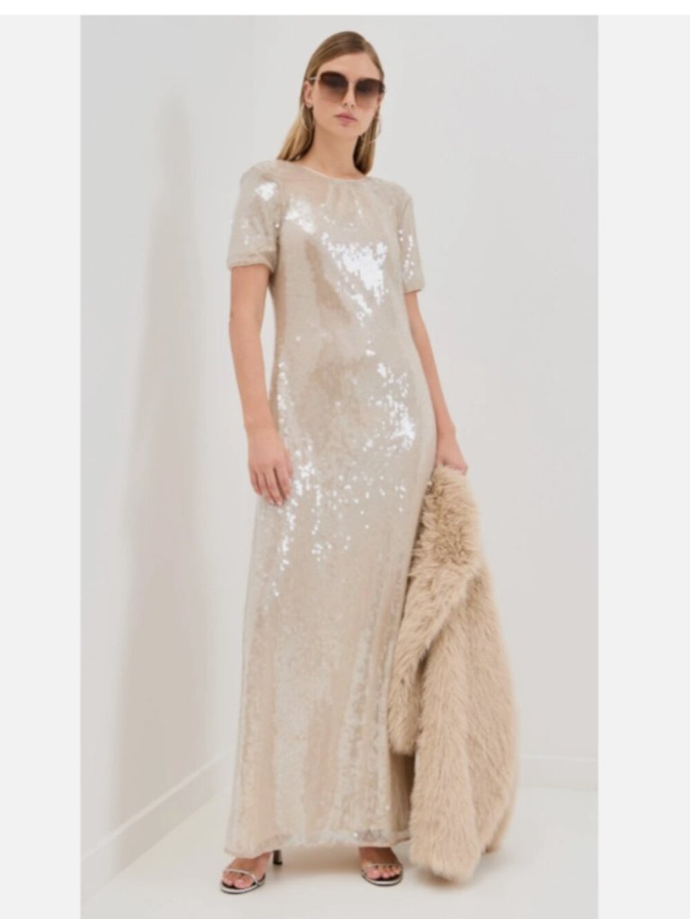 STAUD Women's Beige Safi Sequined Short-Sleeve Maxi Dress